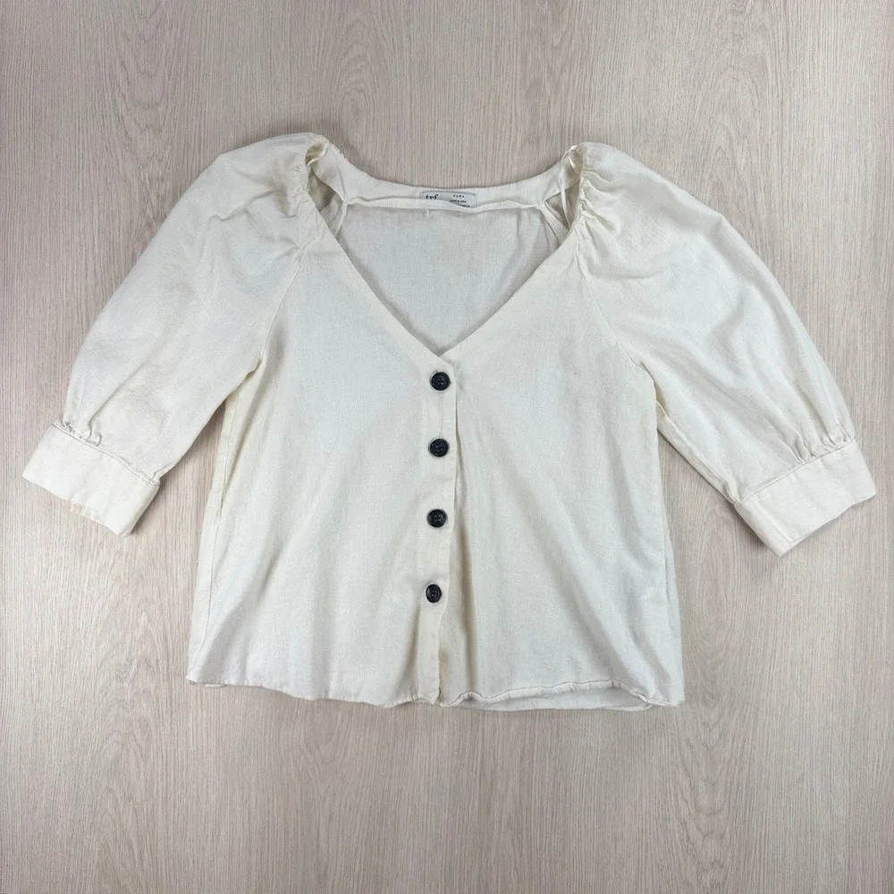 Blouse Zara Womens Medium Cream Cotton Linen Puff Sleeve V-Neck Button Front